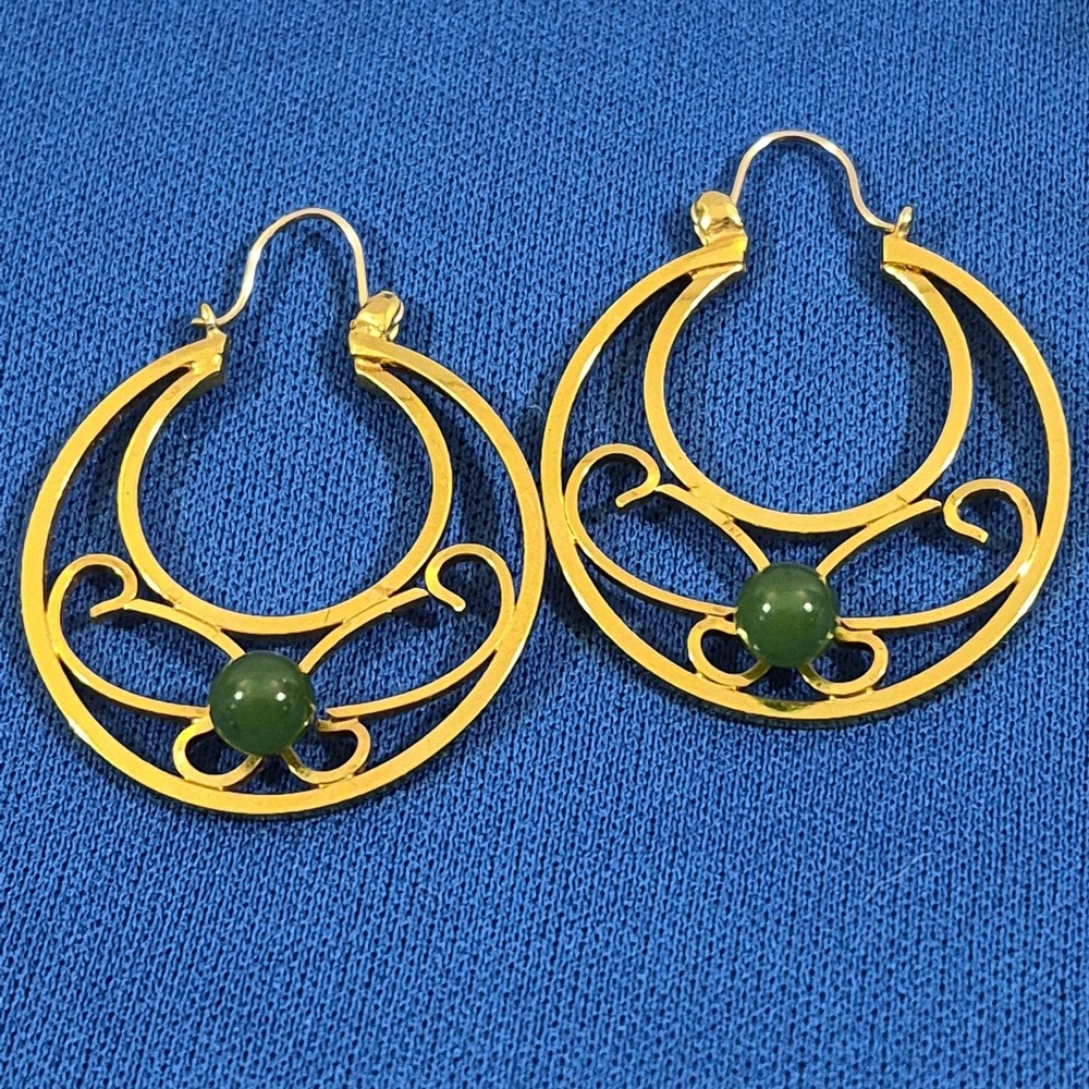 Gold Tone Hoop Earrings with Green Stone Celtic Design